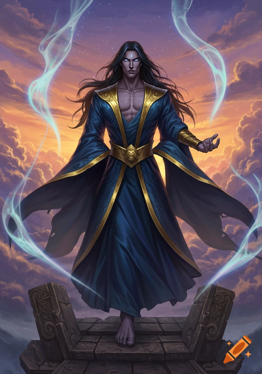 Dark-skinned man with long dark hair, glowing eyes, and a blue and gold robe stands on a stone platform against a dramatic sunset sky, with mystical light.