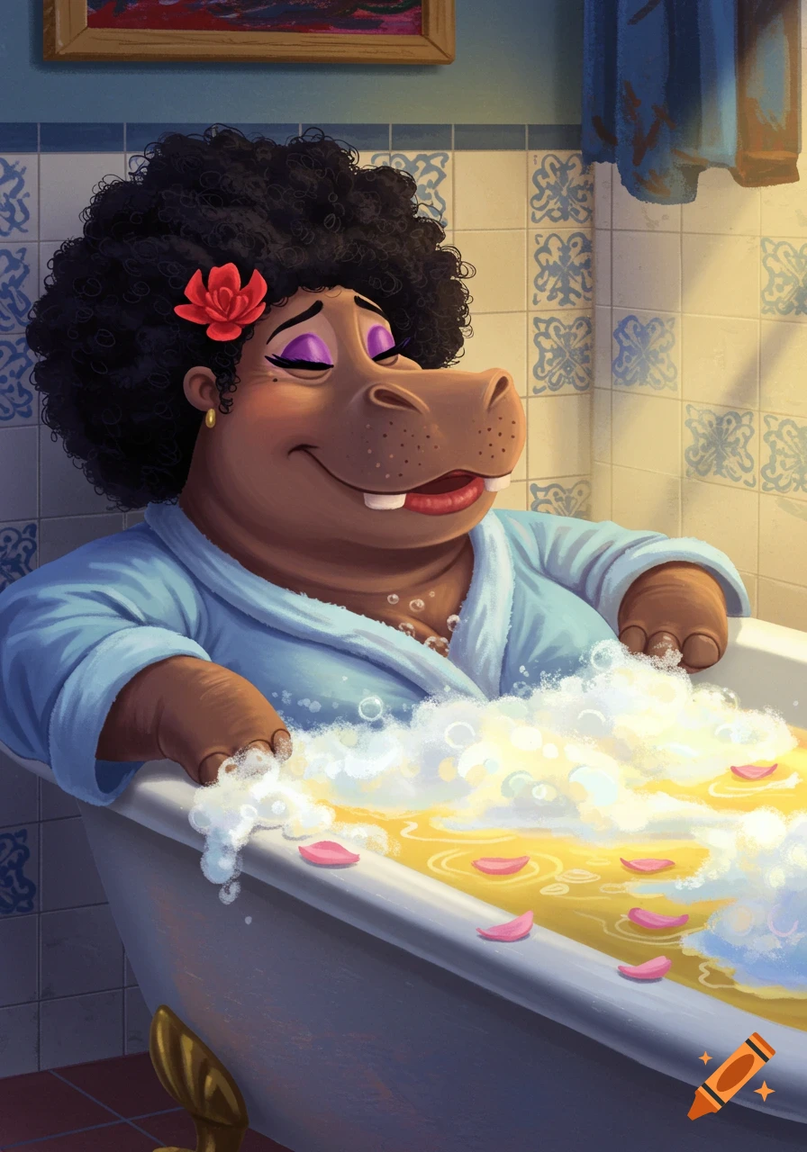 A contented cartoon hippopotamus with an afro and blue bathrobe relaxes in a bubbly bathtub with rose petals, in a Pixar-like style.