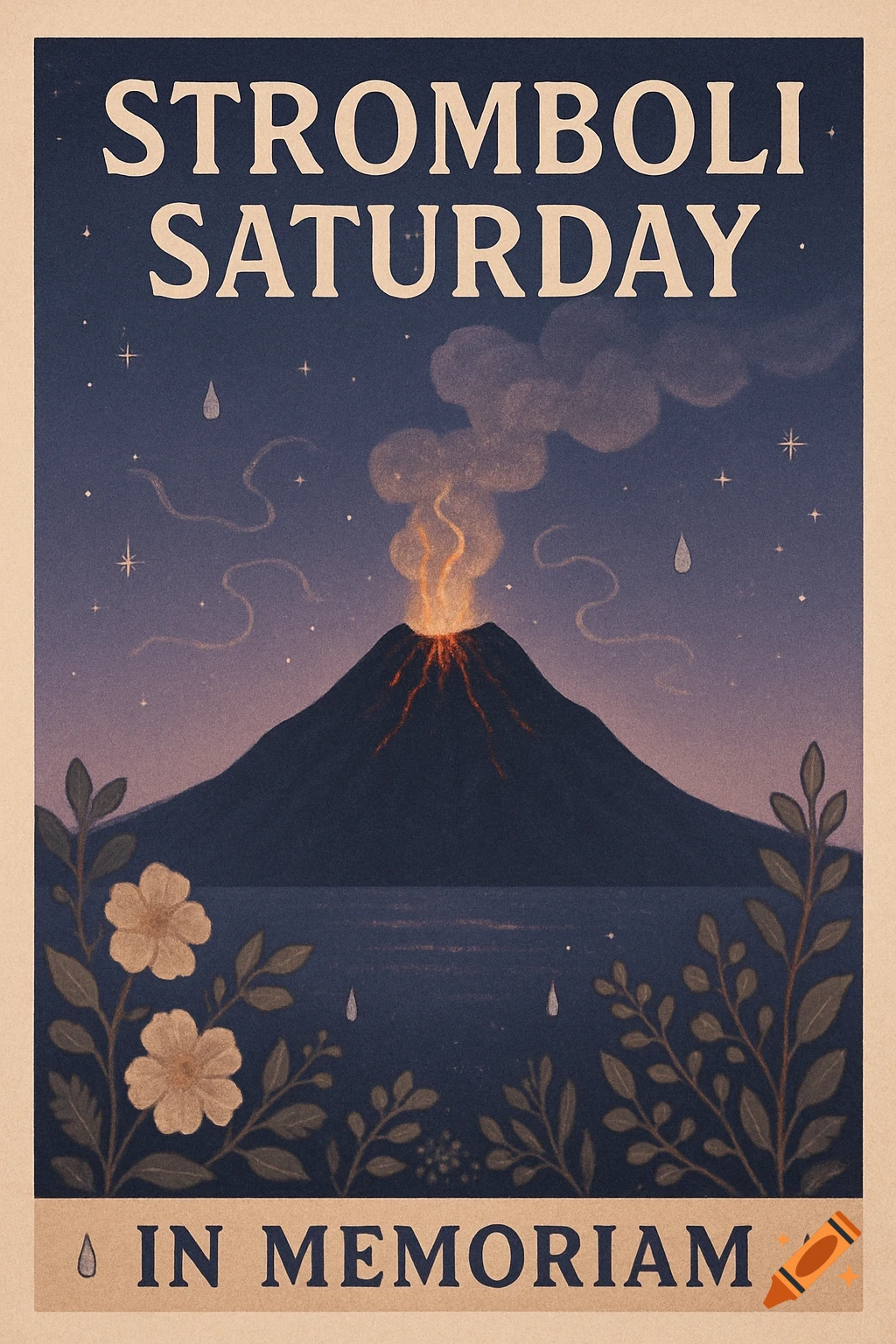 Vintage poster illustration of an erupting volcano at night over water with foliage, text reads 'STROMBOLI SATURDAY' and 'IN MEMORIAM'.