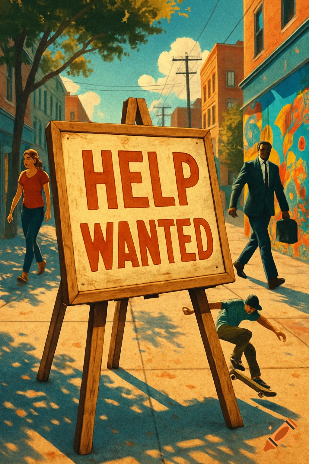 A stylized street scene features a prominent 'HELP WANTED' sign on an easel in the foreground, with people walking and a boy skateboarding in the background.