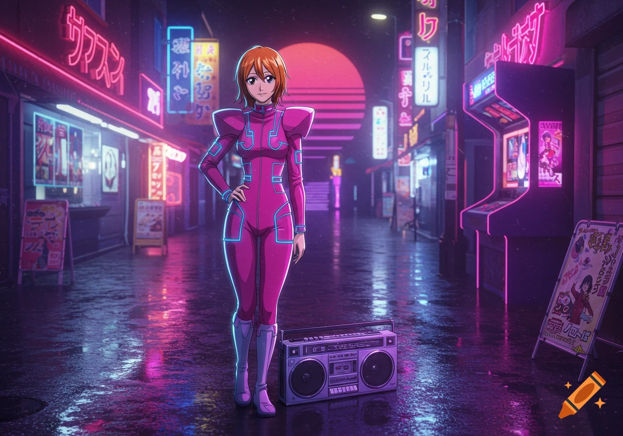 An anime character in a pink and blue retro-futuristic suit stands on a wet, neon-lit cyberpunk street with a boombox.