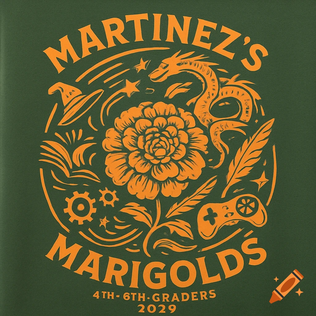 A two-color t-shirt design in orange and green for "Martinez's Marigolds 4th-6th-Graders 2029" featuring a marigold, dragon, wizard hat, feathers, gears, and a game controller.