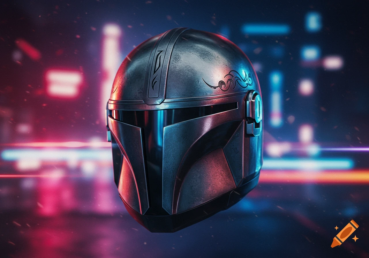 A metallic, dark Mandalorian-style helmet with intricate designs and glowing visor reflections, set against a blurry neon city background.