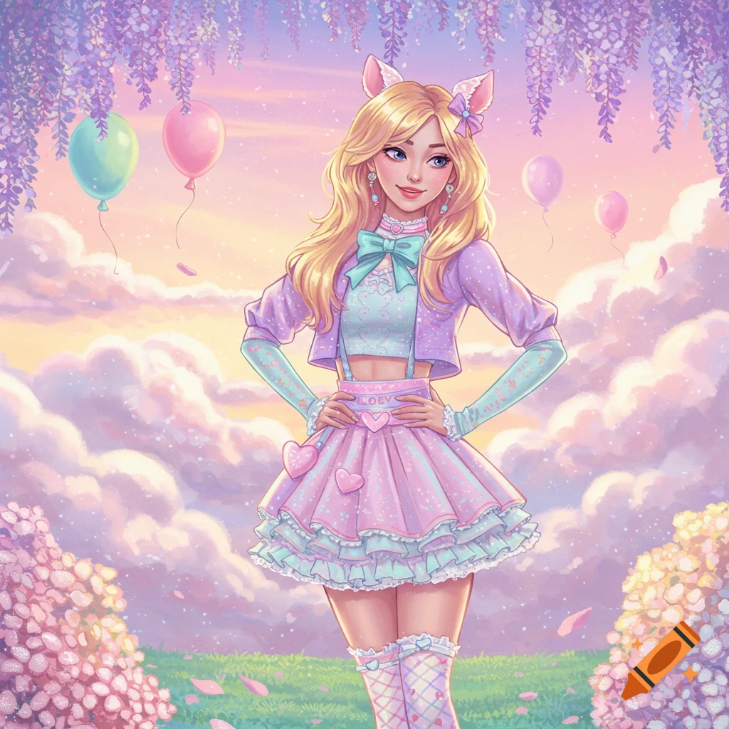 An anime character with blonde hair and cat ears in a pastel frilly outfit stands in a whimsical field with wisteria and balloons.