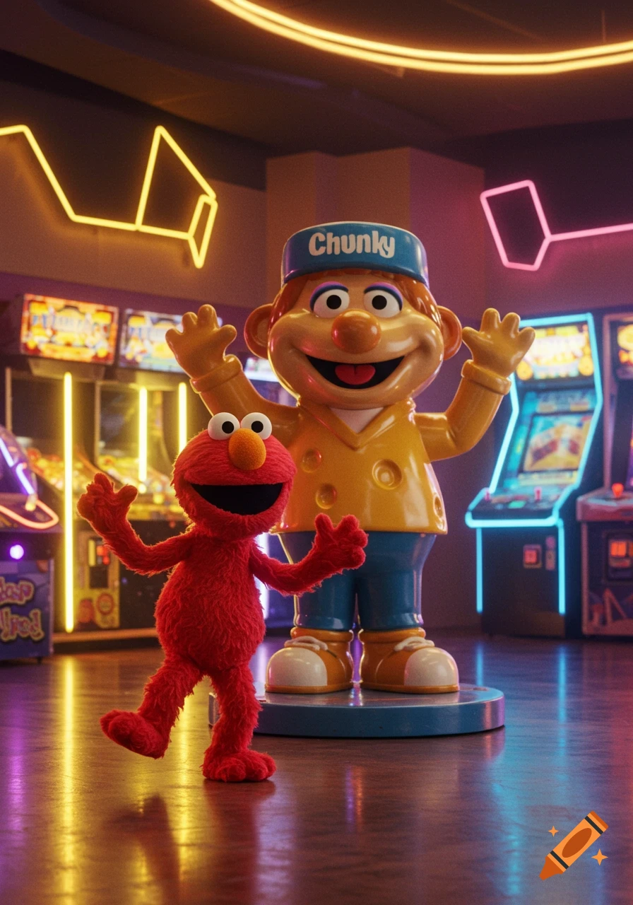 Elmo and a smiling 'Chunky' mascot character stand with raised arms in a neon-lit arcade filled with game machines.