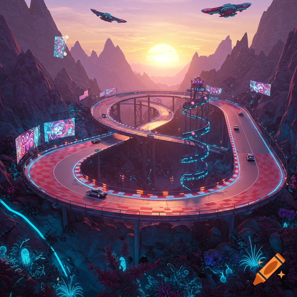 Vibrant, neon-lit futuristic racetrack through mountains at sunset with cars and flying vehicles.