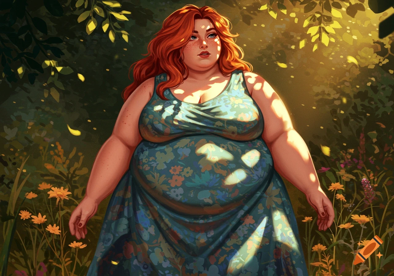 A plump woman with red hair in a floral dress stands in a sunlit forest, surrounded by flowers and leaves.