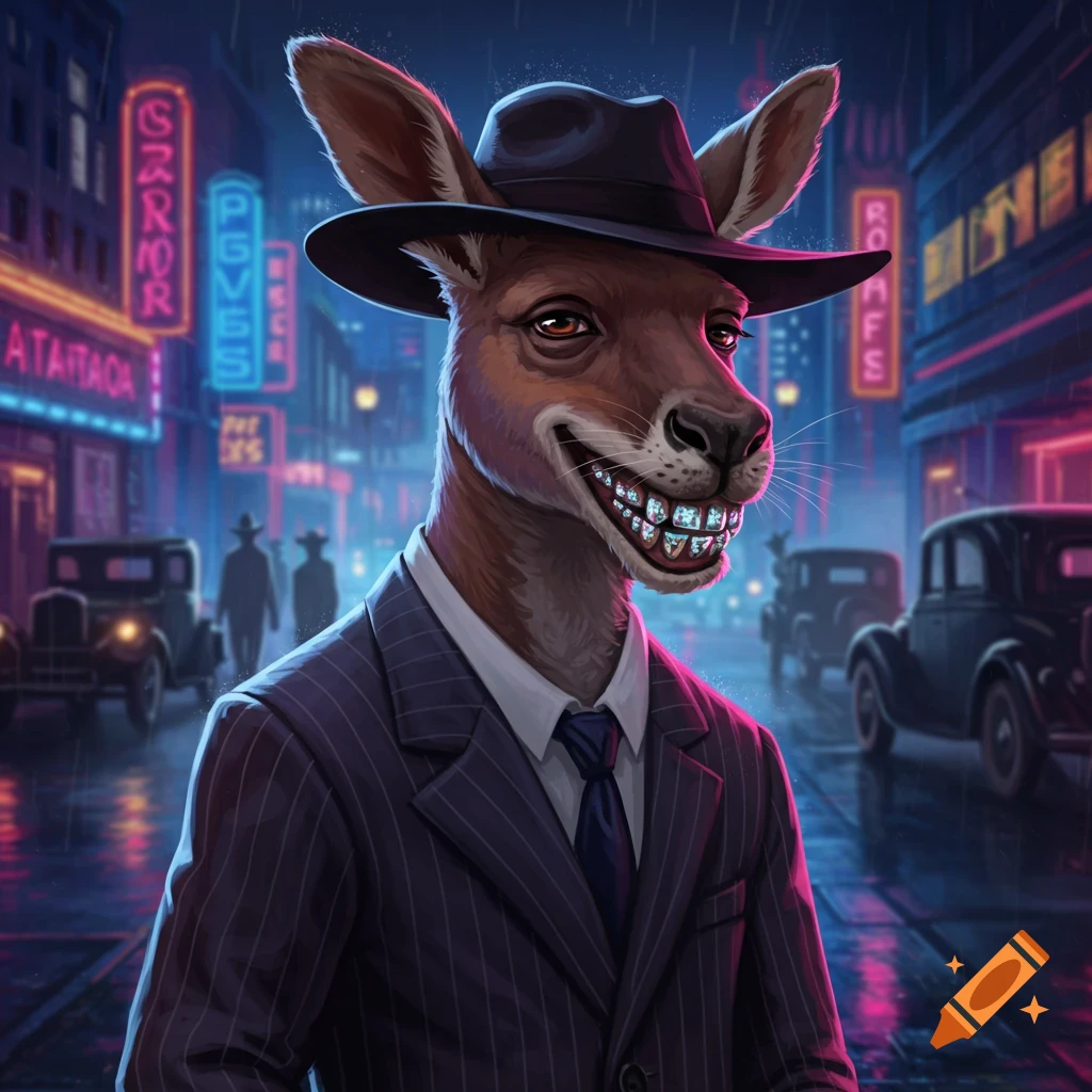 A kangaroo in a pinstripe suit and fedora with diamond grills on its teeth stands on a rainy city street at night, illuminated by neon signs.