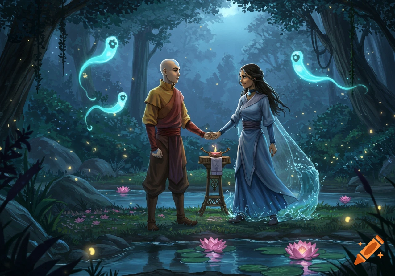 Aang and Katara from Avatar holding hands in a magical, misty forest with glowing blue spirits, lotus flowers, and fireflies.