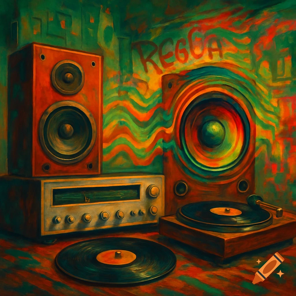 Vibrant, painterly image of stereo equipment including speakers, a receiver, and a turntable, with 'REGGA' graffiti on a wavy, colorful wall.