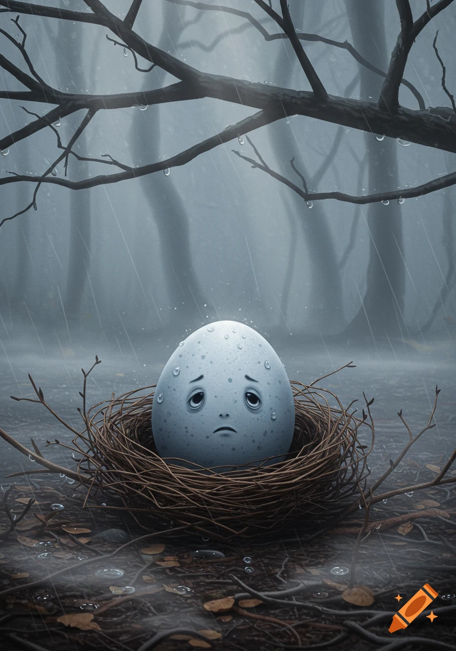 A blue, speckled egg with a sad face sits in a twig nest on wet ground in a rainy forest, water droplets visible.