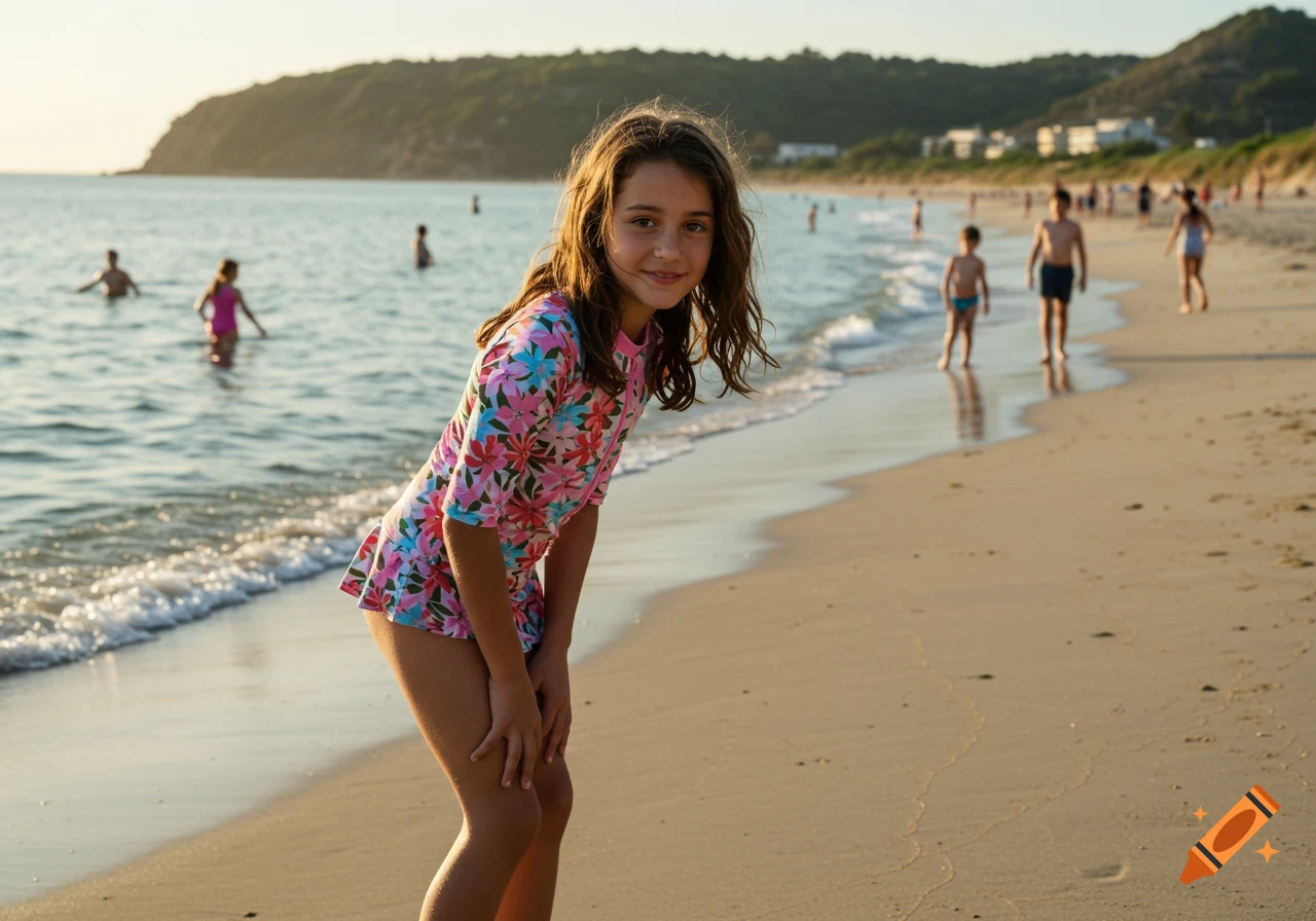 Young girl in a floral rash guard smiles while bending on a sandy beach during sunset, with people in the ocean and along the shore.