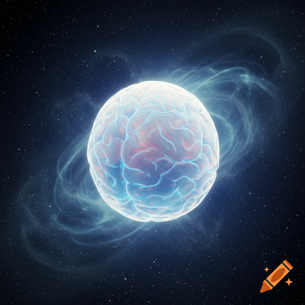 A glowing, stylized brain with blue and pink light floats in a dark starry space with faint nebulae.