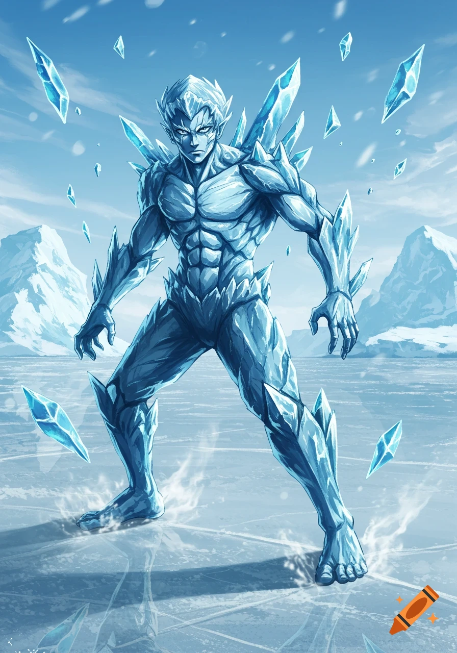 An anime-style ice character with sharp spikes and blue skin stands on a frozen lake with mountains and floating ice shards.