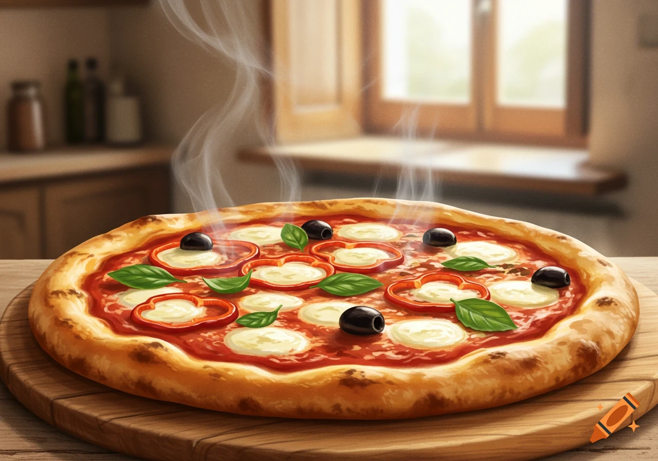 Steaming pizza with mozzarella, red peppers, olives, and basil on a wooden board in a kitchen.