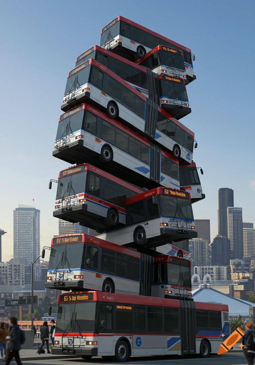 Photorealistic image of multiple red and white city buses stacked high into a precarious tower against a city skyline.