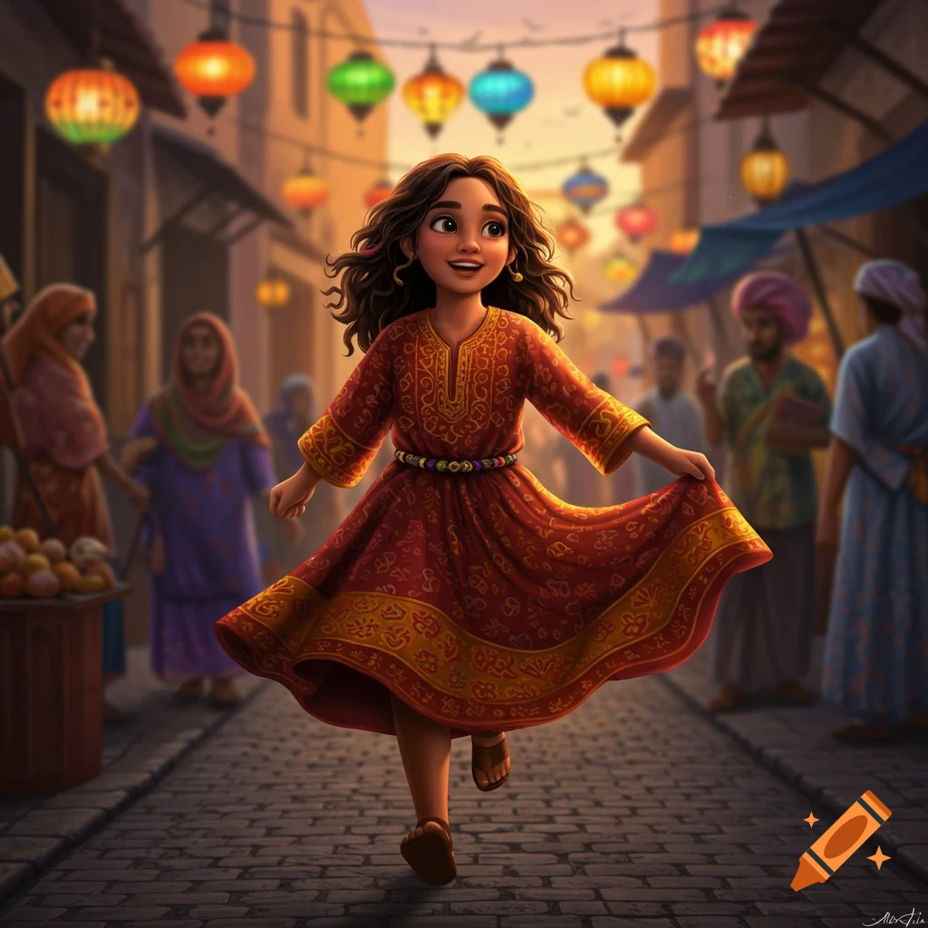 A whimsical illustration of a young girl in a red and gold dress happily running down a festive market street lined with lanterns and blurred people.