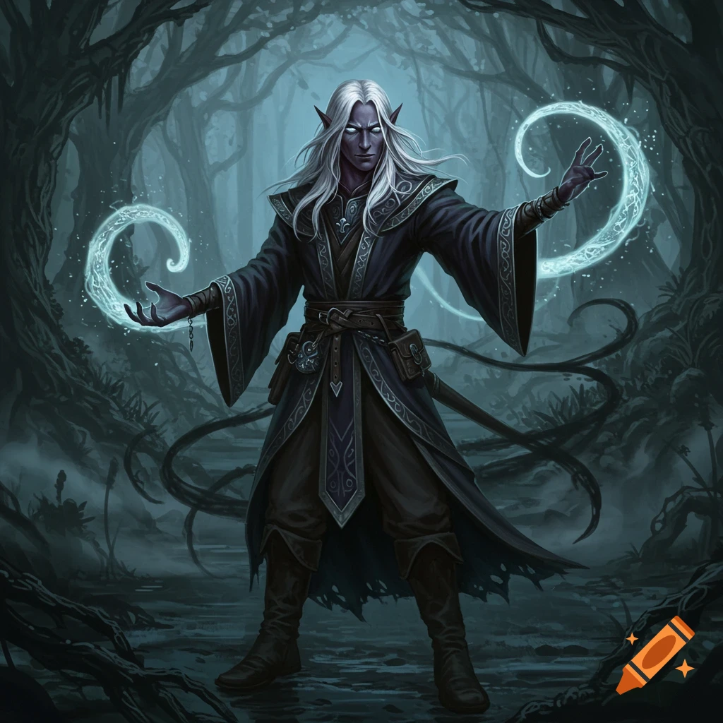 A dark elf wizard with white hair and pale eyes casts a glowing magic spell in an eerie, mist-filled forest, digital art.