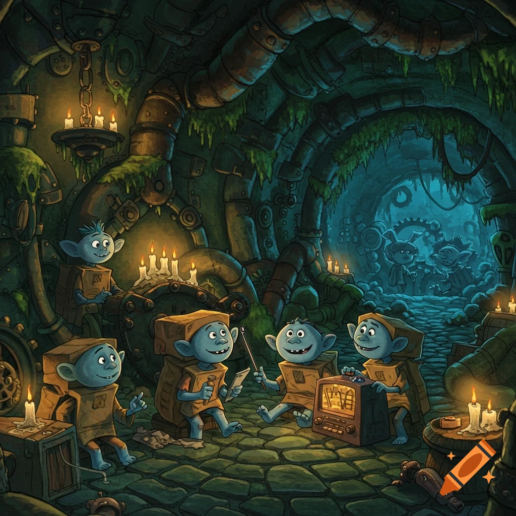 Cartoon boxtroll-like creatures in a candle-lit, mossy underground pipe chamber, some interacting with a radio.