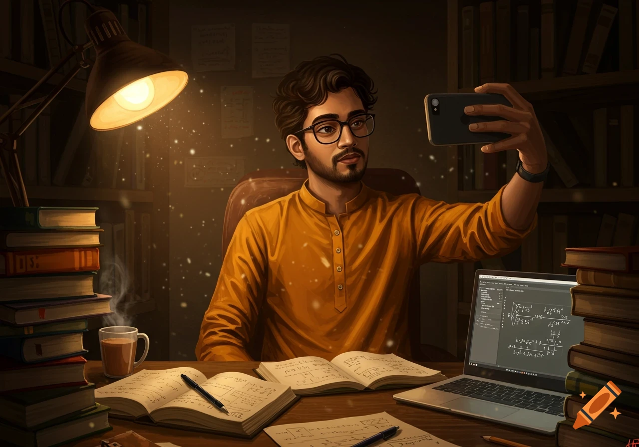 An illustration of an Indian man in glasses taking a selfie at a desk surrounded by books, laptop, and papers, illuminated by a desk lamp.