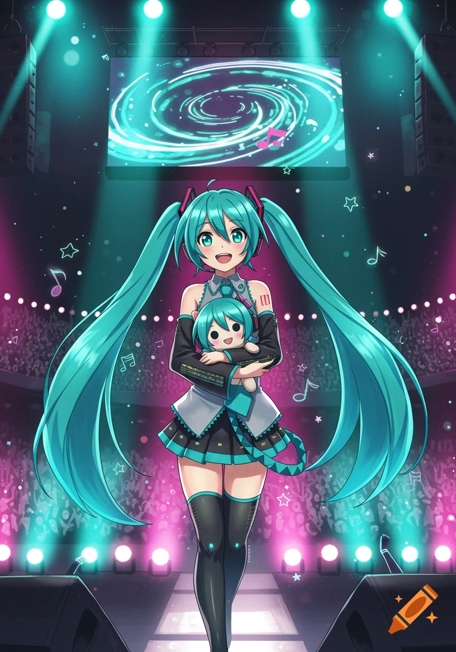 Anime character Hatsune Miku on a concert stage, holding a plush doll of herself, with a cheering crowd and bright lights.