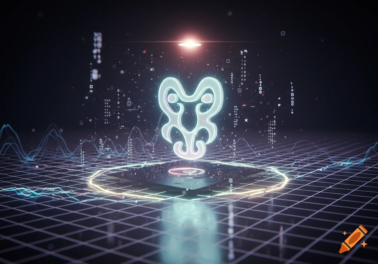 A glowing light blue abstract symbol centered above a reflective platform on a digital grid with data lines and light particles in a dark, futuristic setting.