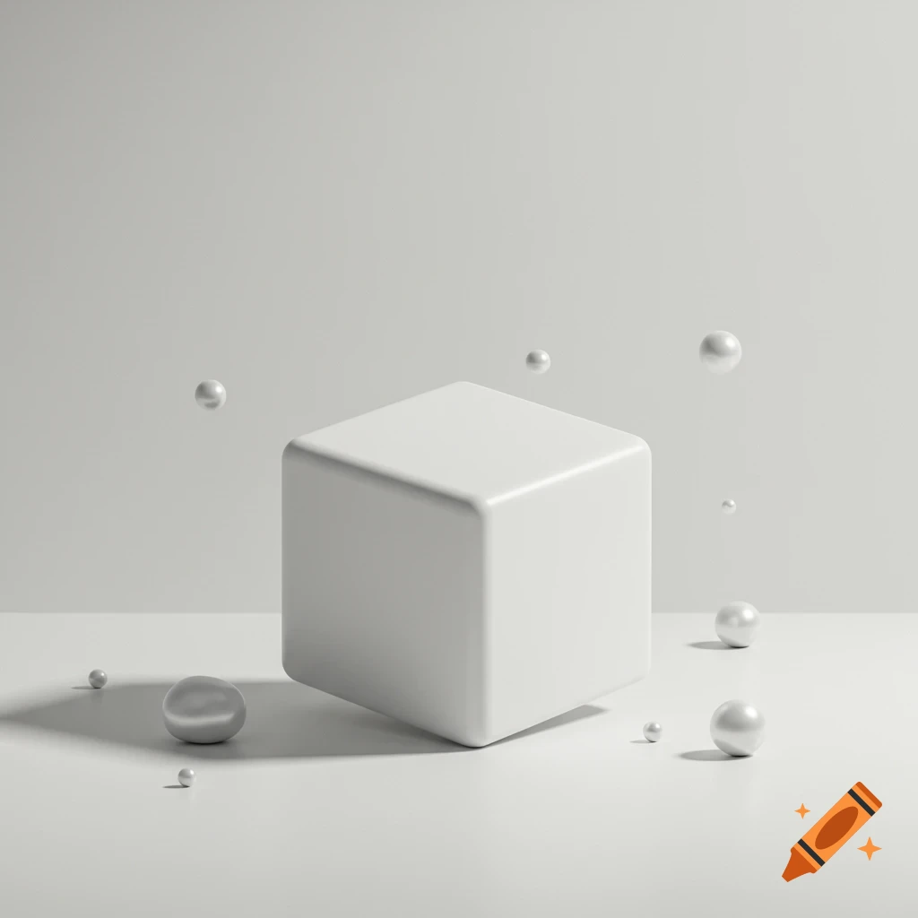 A tilted white cube with rounded edges surrounded by white spheres of various sizes on a light background, minimalist style.