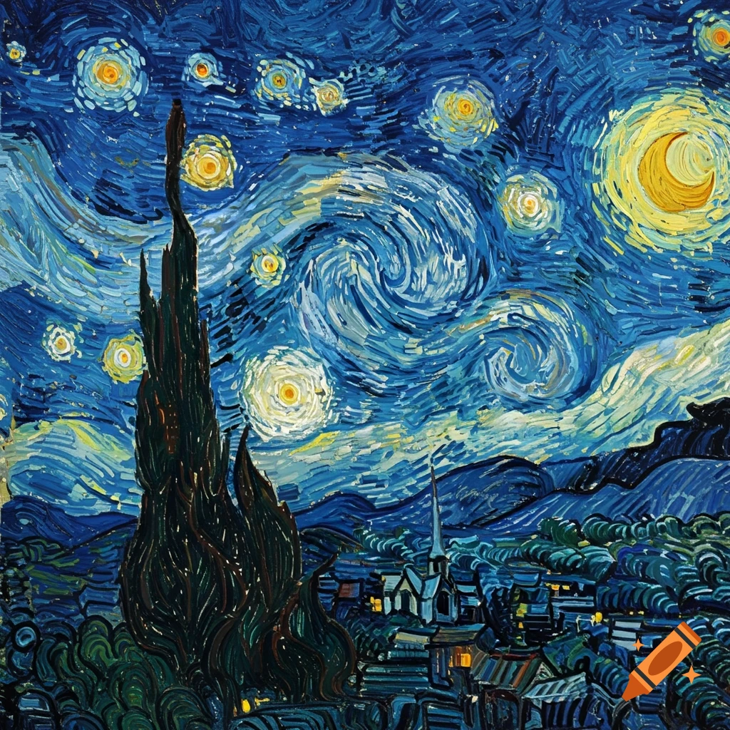 Van Gogh's Starry Night painting, with a dark cypress, a village, and a swirling blue sky with a crescent moon and bright stars.