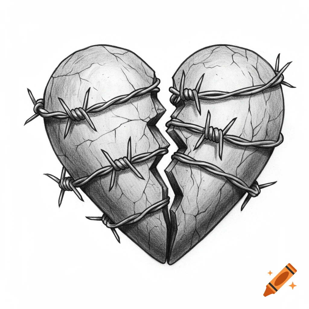 Shaded drawing of a broken heart, split down the middle, wrapped in barbed wire.