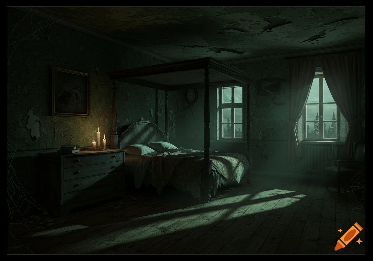 A dark, eerie gothic bedroom with a four-poster bed, peeling wallpaper, candles, and moonlight casting long shadows on the wooden floor.