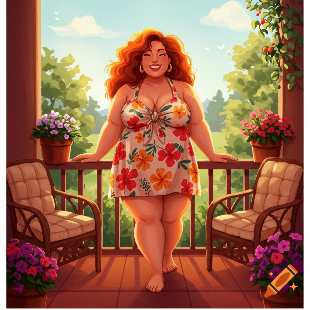 A smiling, red-haired, plus-size woman in a floral dress on a sunny balcony with flowers, illustration.