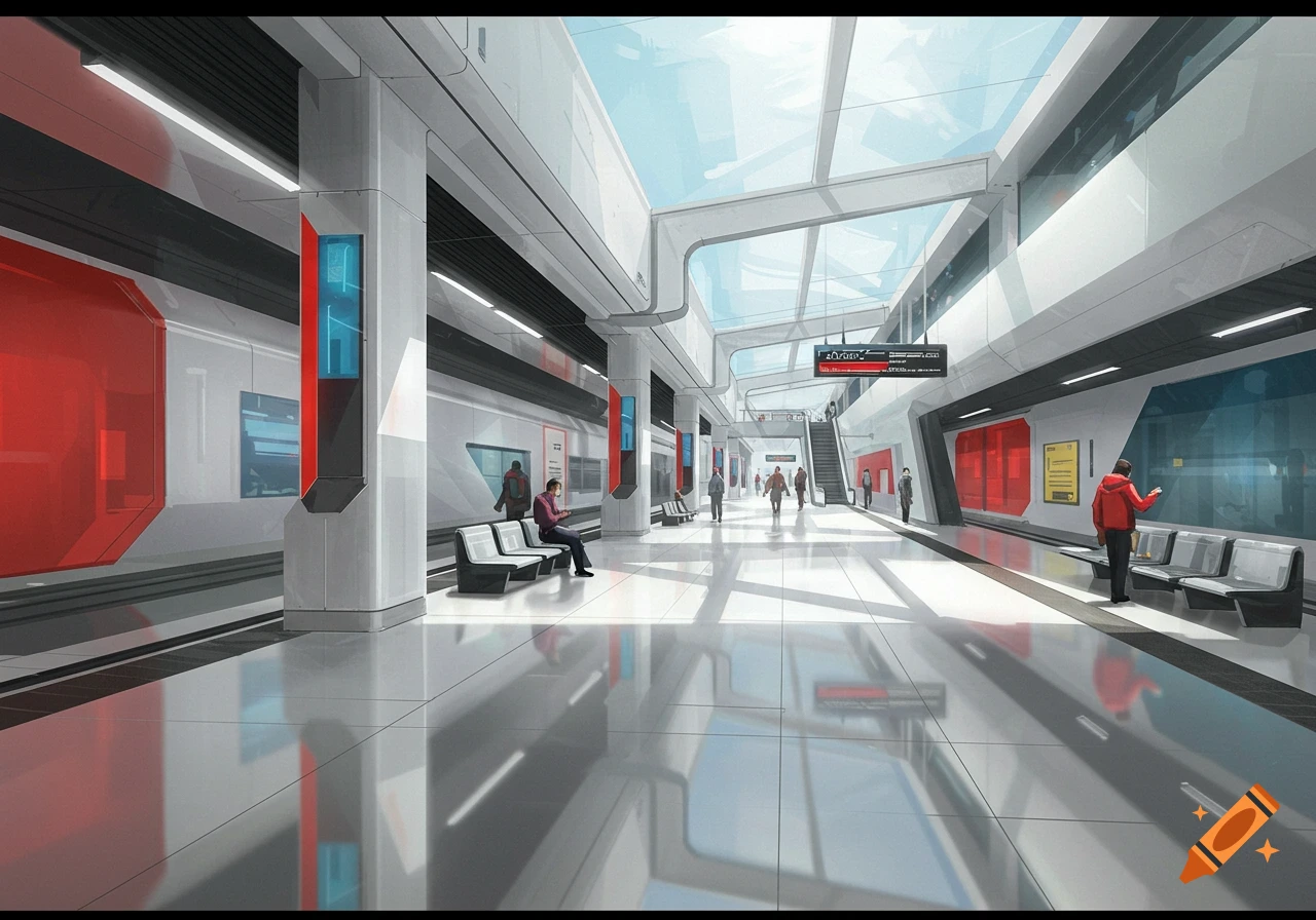 A clean, futuristic train station interior with high ceilings, glass panels, white and red accents, and several stylized people.