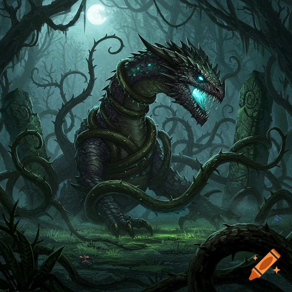 A dark, scaled dragon with glowing blue eyes and mouth, wrapped in thorny vines, stands in a mystical, moonlit forest with stone ruins.