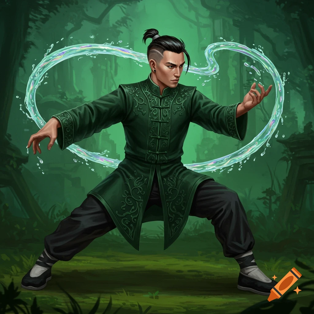 A male martial artist in green robes and a top-knot performs a combat stance in a forest, surrounded by swirling glowing liquid.