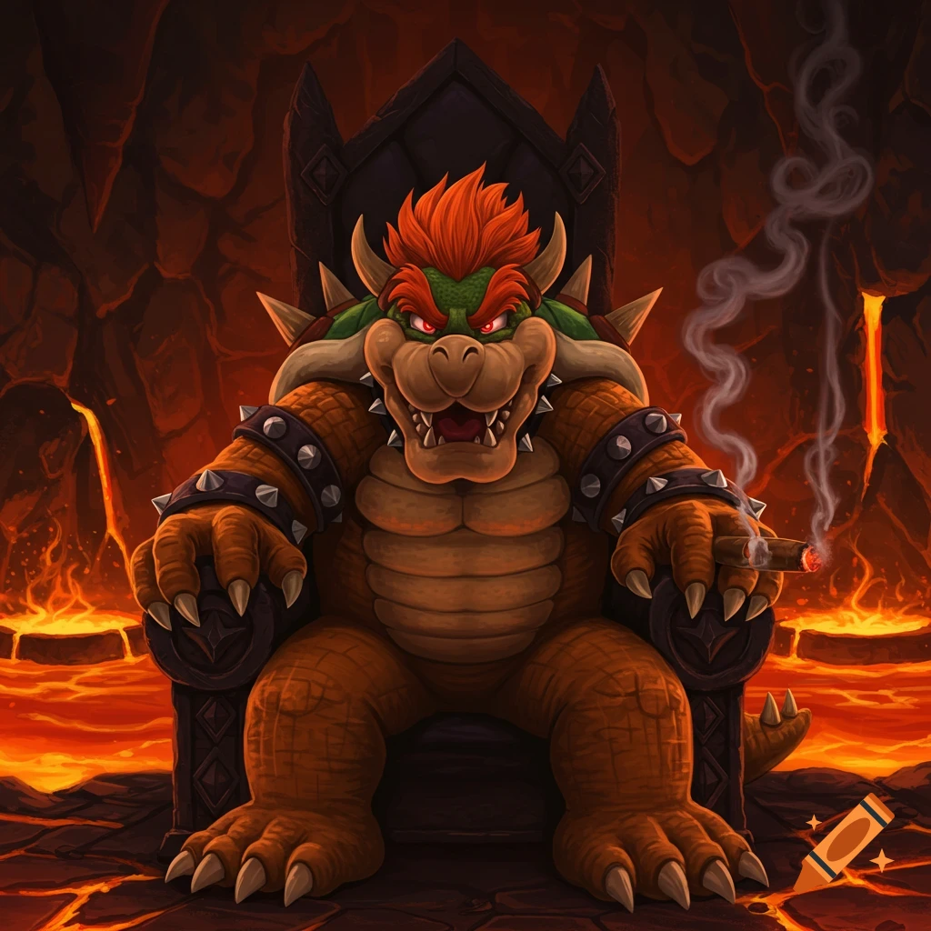 The video game villain Bowser sits on a dark throne in a lava-filled cavern, smoking a cigar. Detailed digital art.