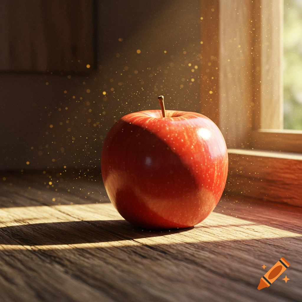 A photorealistic red apple sits on a wooden surface, bathed in sunlight with sparkling dust, next to a window.