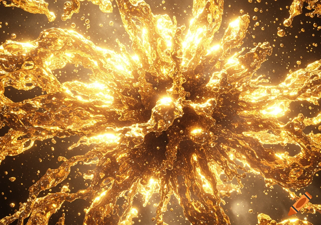 Abstract golden liquid explosion with glowing splashes and droplets on a dark background.