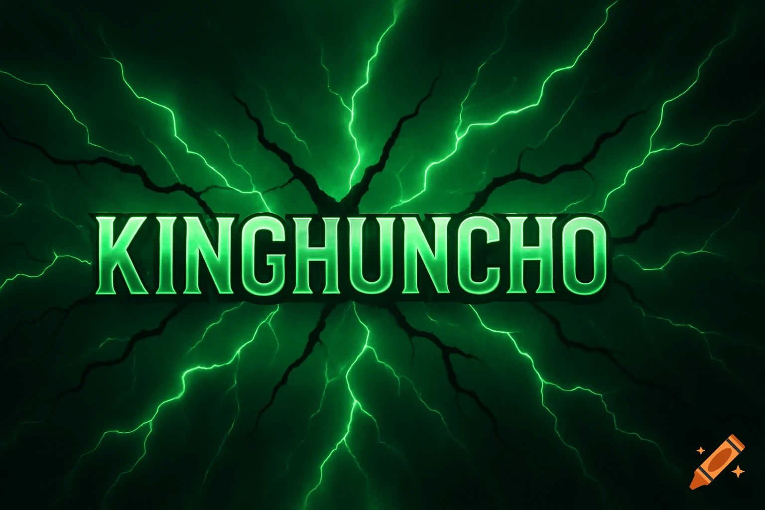 Green metallic text "KINGHUNCHO" with a glowing outline, set against a dark background with bright green lightning bolts and cracks radiating outwards.