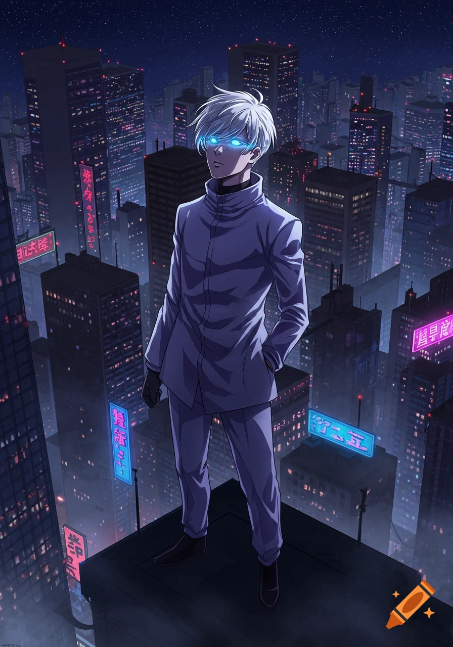 An anime character with white hair and glowing blue eyes stands on a rooftop overlooking a neon-lit futuristic city at night.