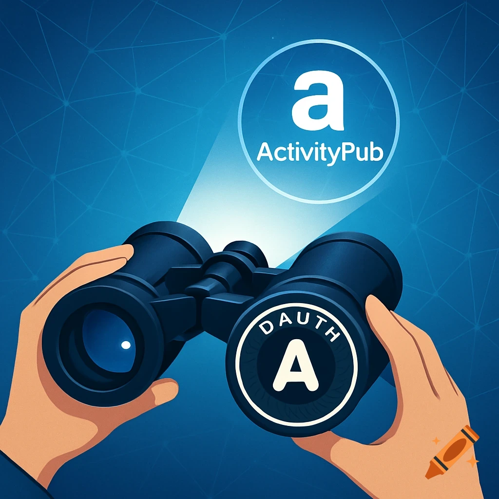Stylized illustration of hands holding binoculars looking at an 'ActivityPub' logo, with 'DAUTH A' on one lens, against a blue background.