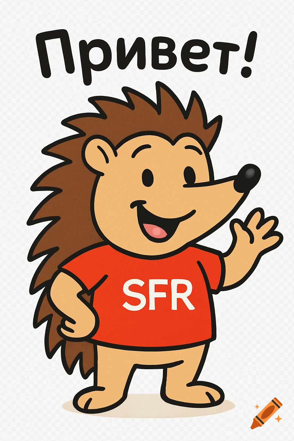 Cartoon hedgehog Sofik in a red SFR shirt waves and smiles, with 'Привет!' above its head, transparent background.
