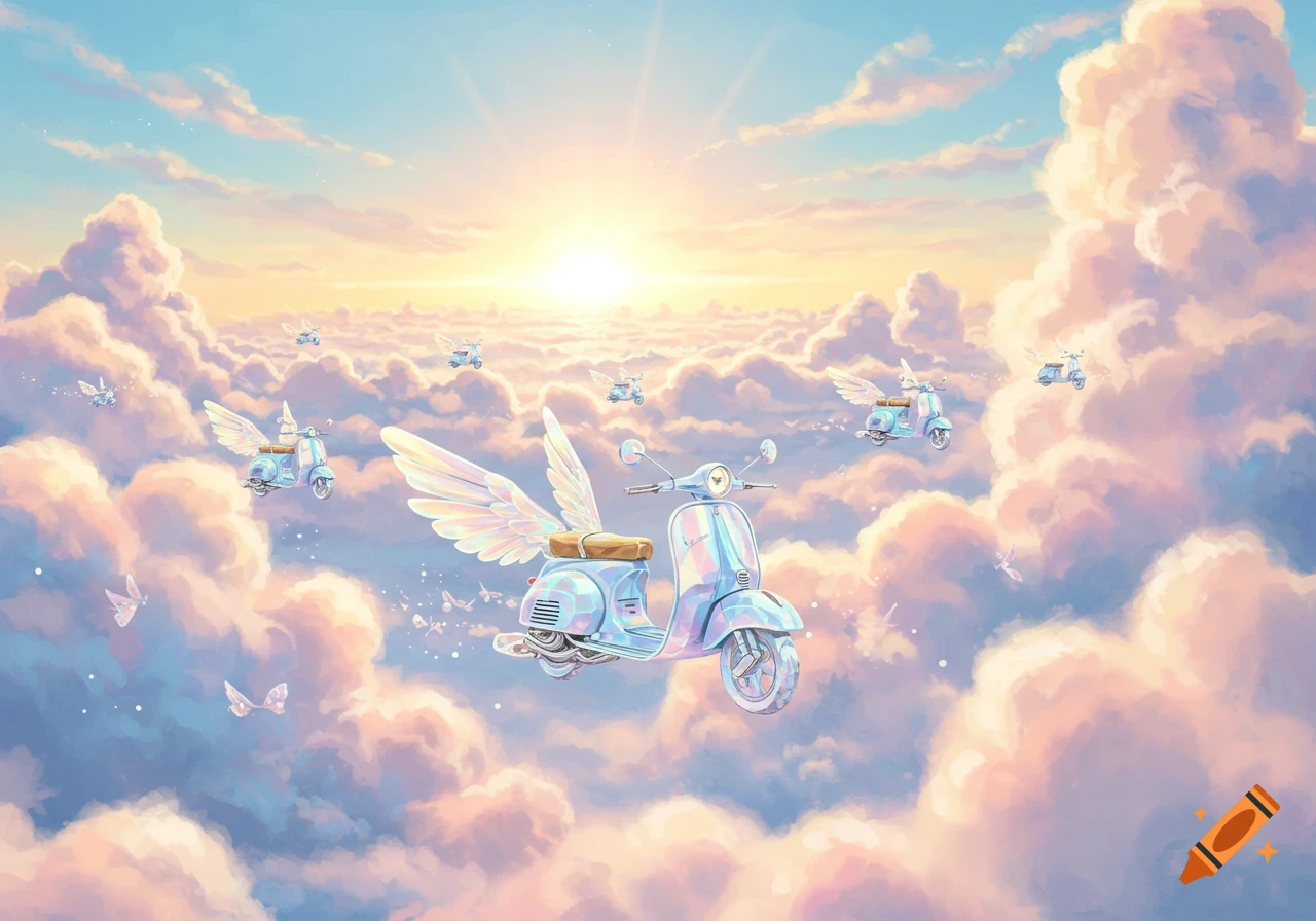 Pastel winged scooters fly through a bright, cloud-filled sky at sunrise in a whimsical style.