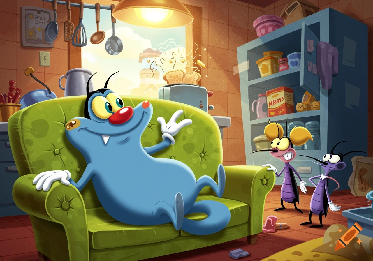 Oggy, a blue cartoon character, relaxes on a green couch in a vibrant kitchen while two cockroaches observe him. Toaster making toast.