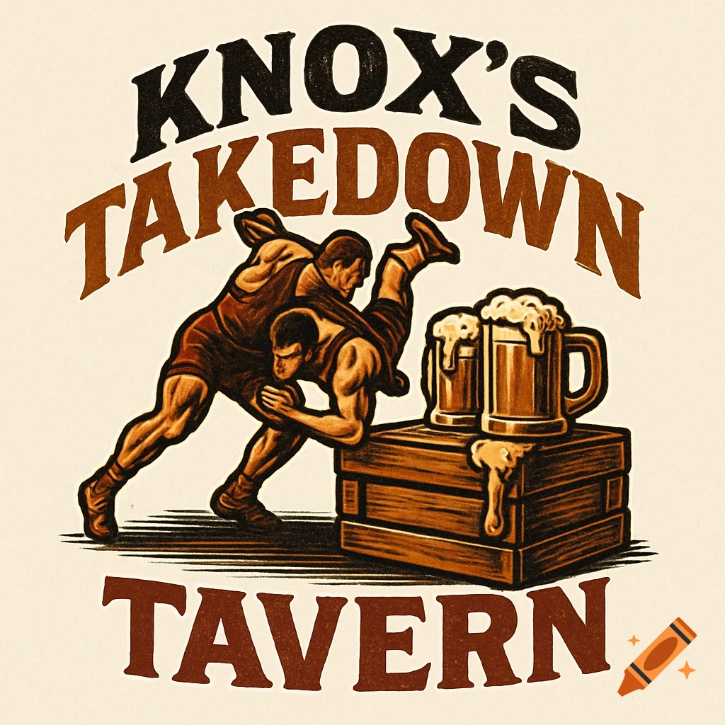 Vintage style logo featuring two wrestlers grappling, with two overflowing beer mugs on wooden crates, and text "KNOX'S TAKEDOWN TAVERN."