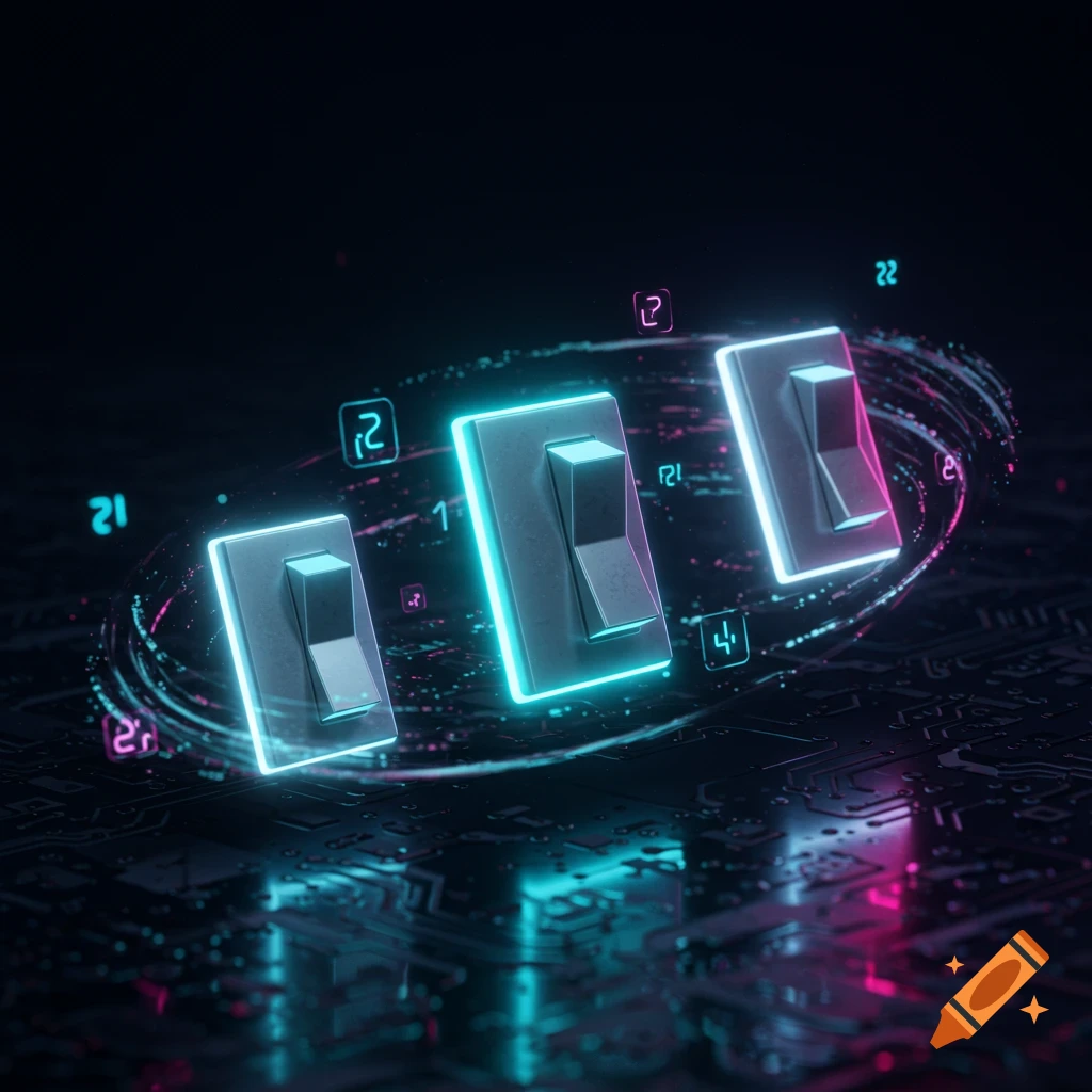Three neon-lit toggle switches on a circuit board, surrounded by glowing digital symbols.
