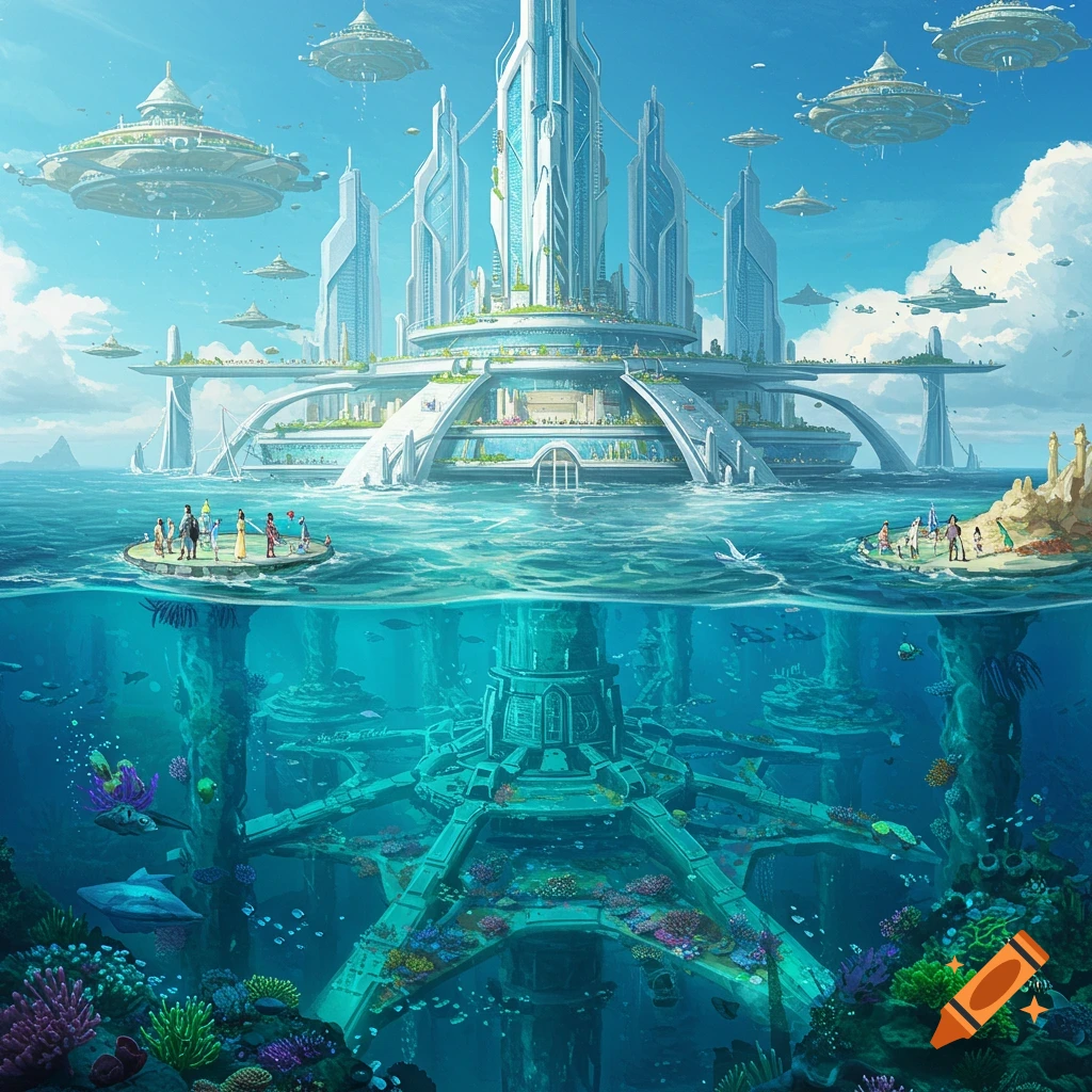 A futuristic city with tall white buildings extending above and below the ocean's surface, surrounded by coral and flying vehicles.