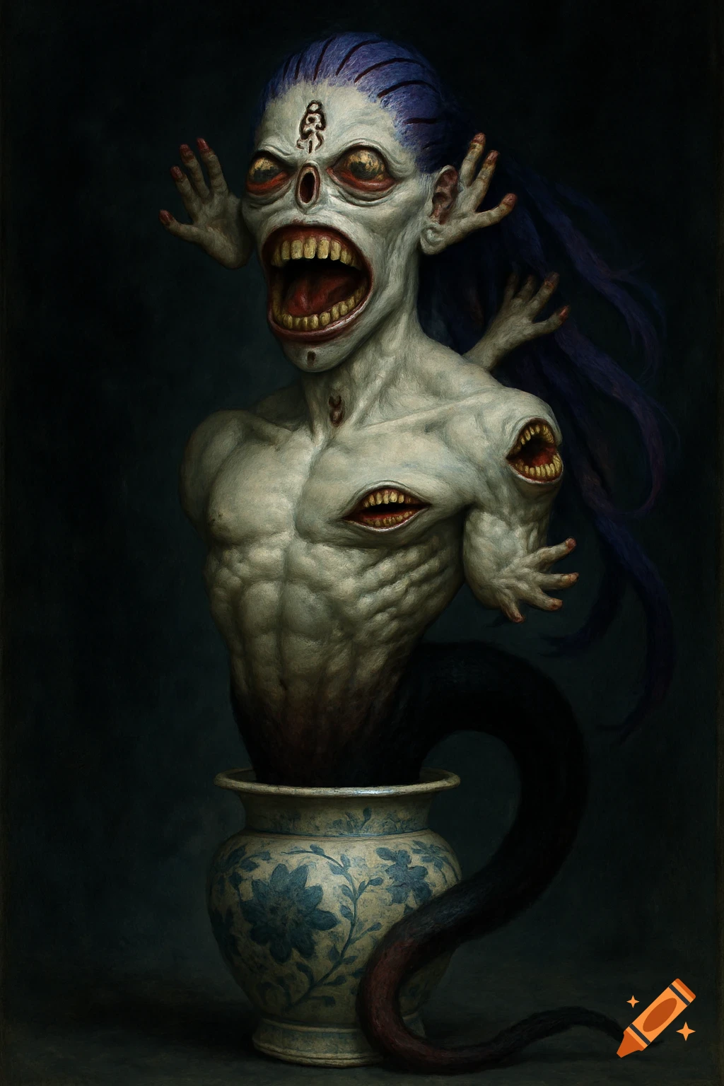 A grotesque, pale, multi-mouthed humanoid with small hands and purple hair emerges from a porcelain vase, its lower body a dark, snake-like tail.