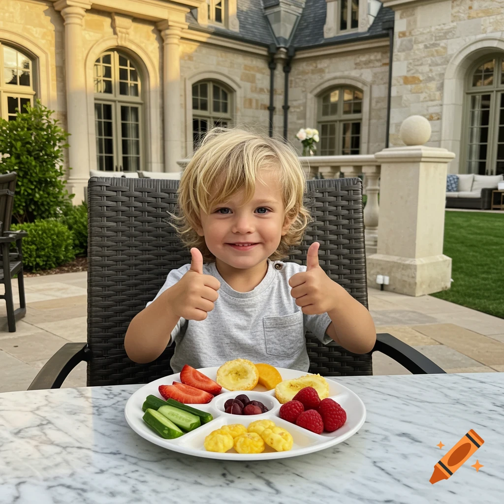A smiling young boy with blonde hair gives two thumbs up while sitting at a marble table with a plate of fruit and vegetables on a patio outside a mansion.