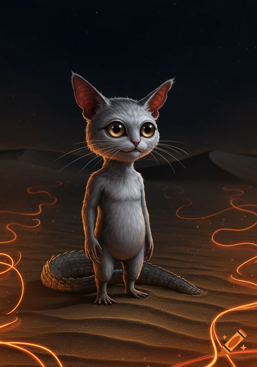 A bipedal cat-like creature with silver fur, large eyes, and an alligator tail stands in a dark desert with glowing orange filaments.