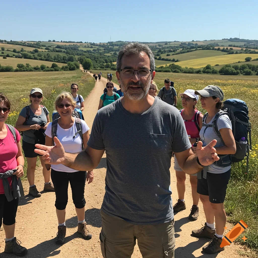 A man with a beard and glasses in the foreground, with a group of hikers behind him on a dirt path in a sunny, green, hilly landscape.